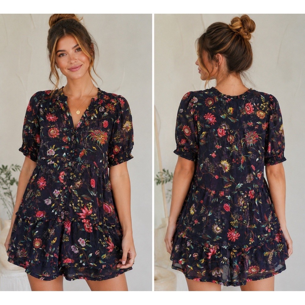 Anthro Maeve Salzburg Sheer Tunic Blouse S Navy Floral Boho Ruffle Peasant Top
